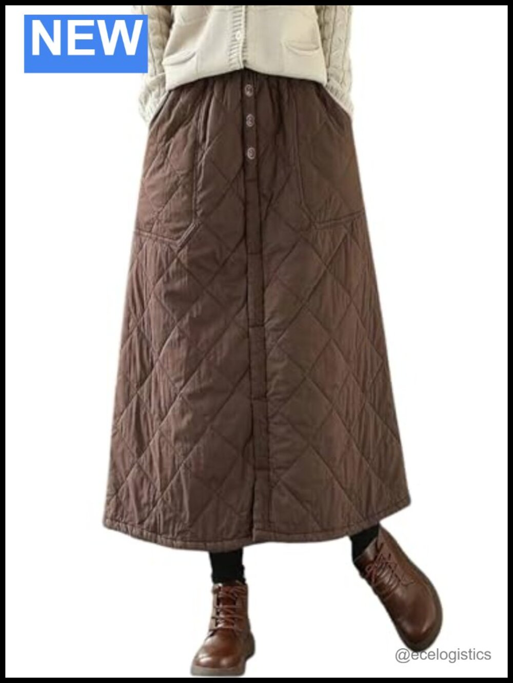 Quilted Puffer Midi Skirt Elastic High Waist A-Line Winter Pockets
